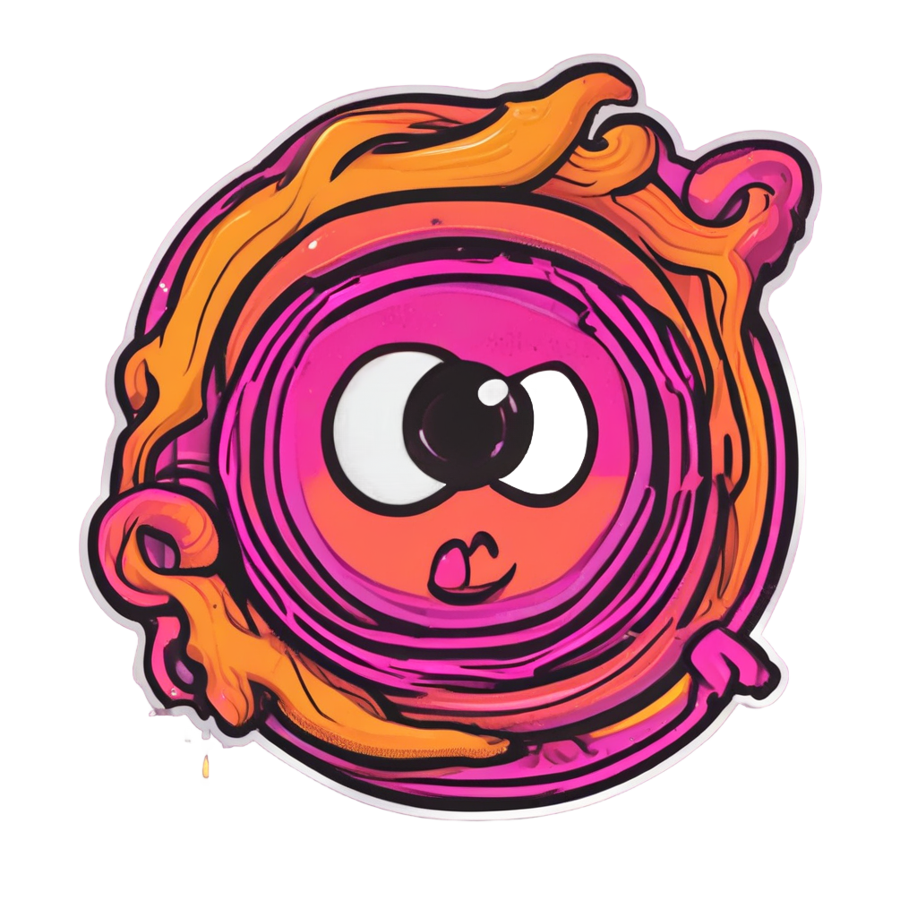 Neon orange coffee cup with glowing eyeball and steam swirl