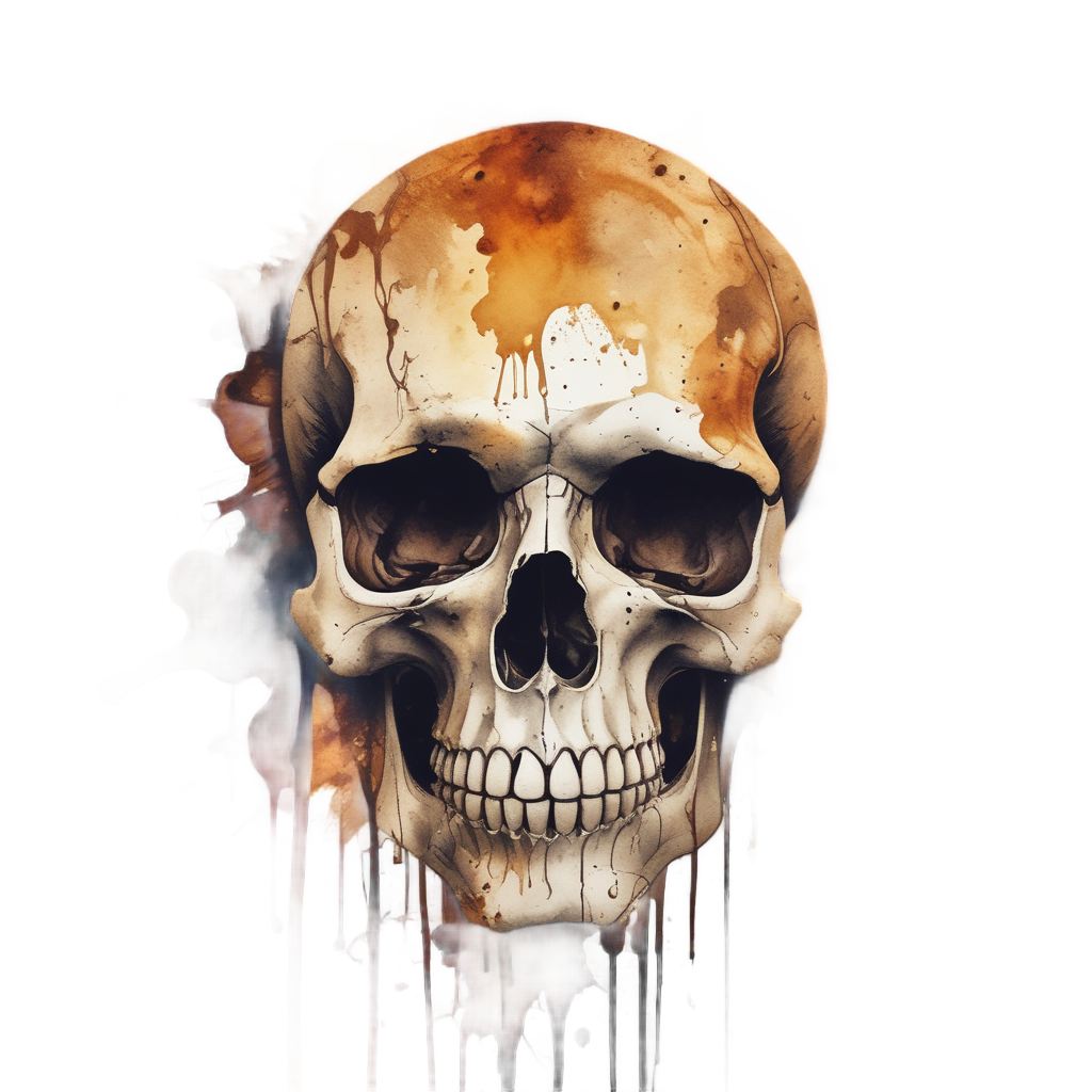 A die-cut sticker of a skull formed by negative space in a watercolor coffee splash with brown and amber tones.