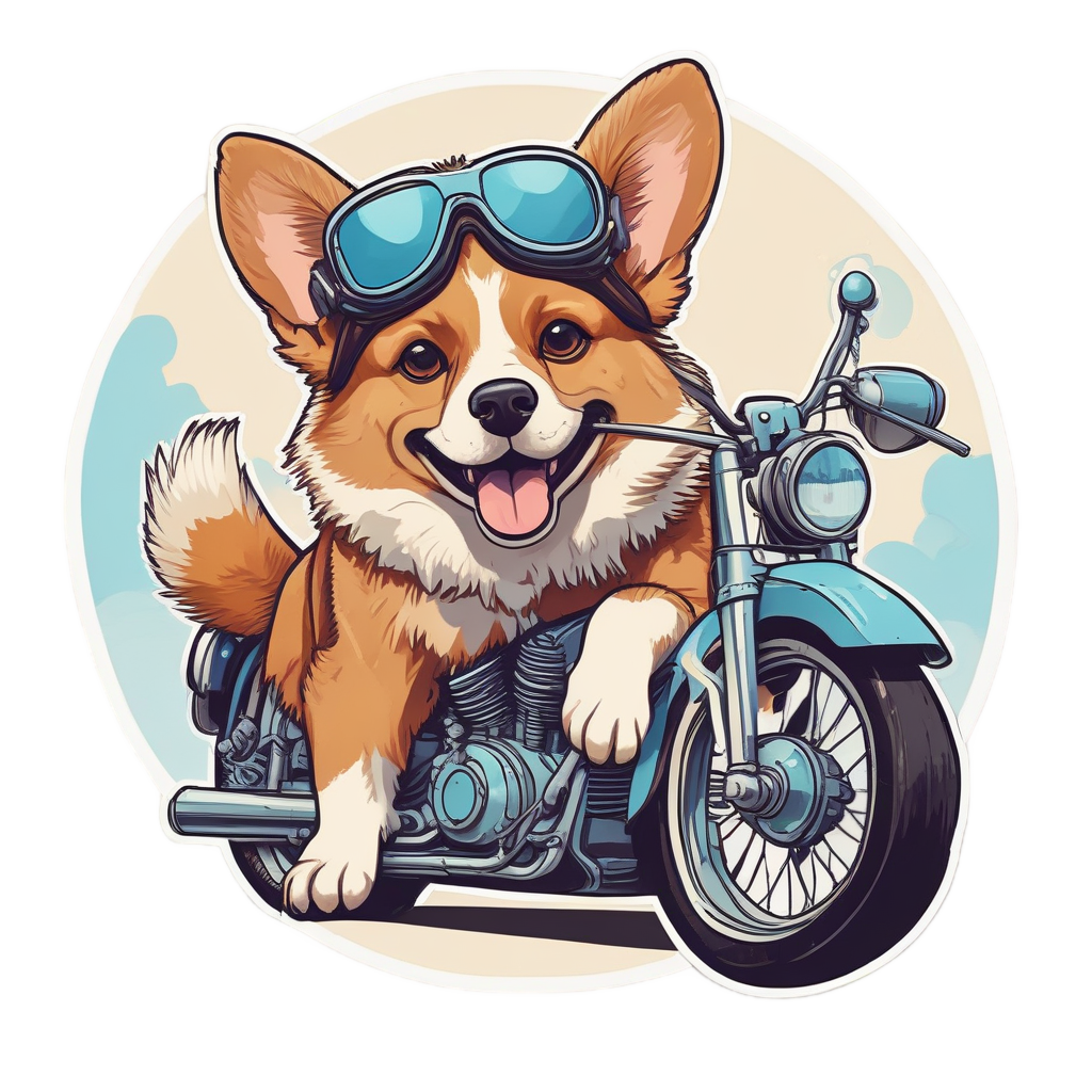 Corgi in goggles riding a miniature vintage chopper motorcycle