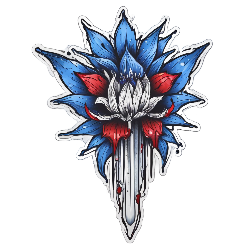 A dagger piercing a cornflower with red blood drops in tattoo style.