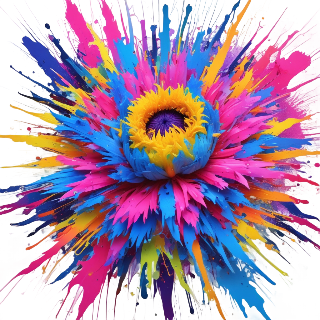 A neon cornflower exploding with colorful paint splatters