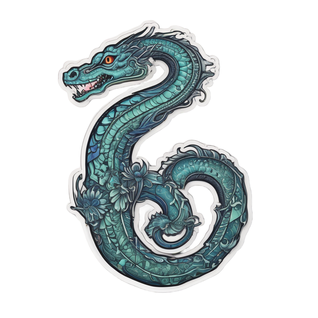 A serpent with cornflower blue scales and a cornflower in its mouth