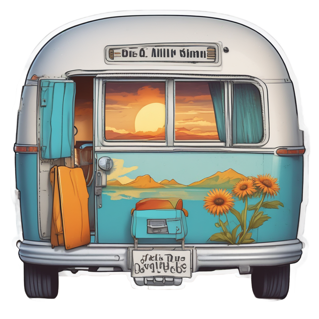 A cornflower sitting in a retro camper doorway with a map.