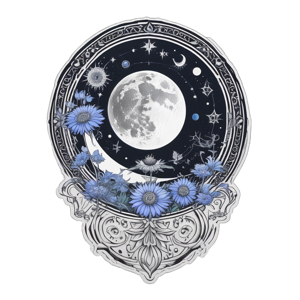 A cornflower at the center of a crescent moon with moon phases.