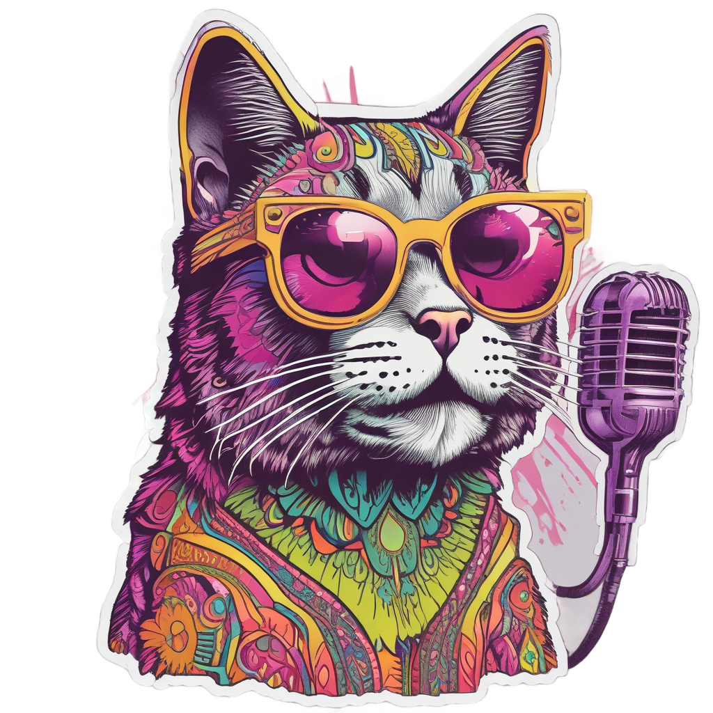 Neon cat with sunburst fur and sunglasses singing into a retro microphone