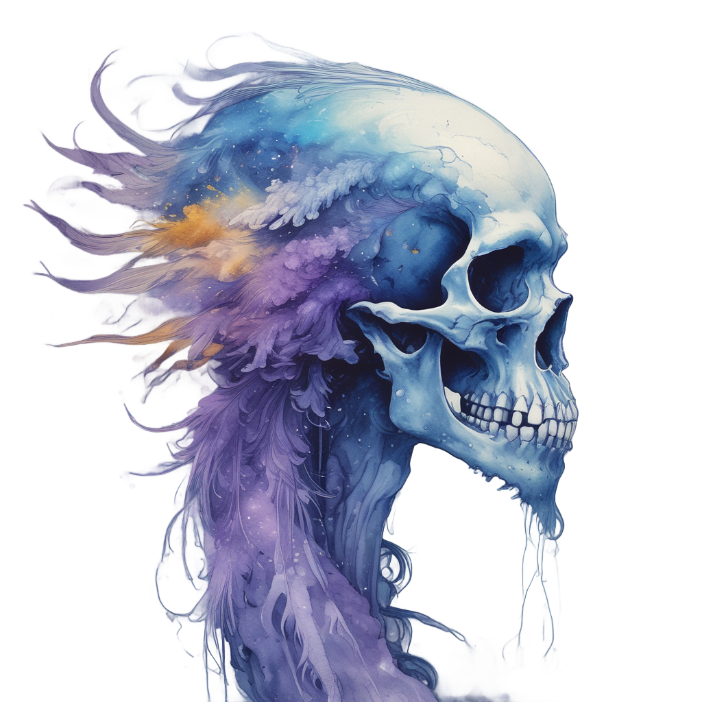 A skull with a cosmic feather tail of indigo and stars in watercolor style on white