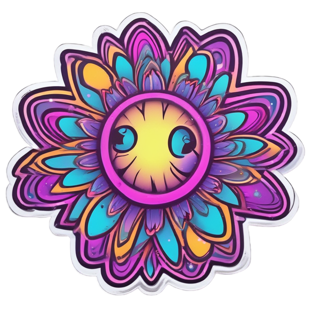 A neon daisy smiley with a star face winking among cosmic swirls