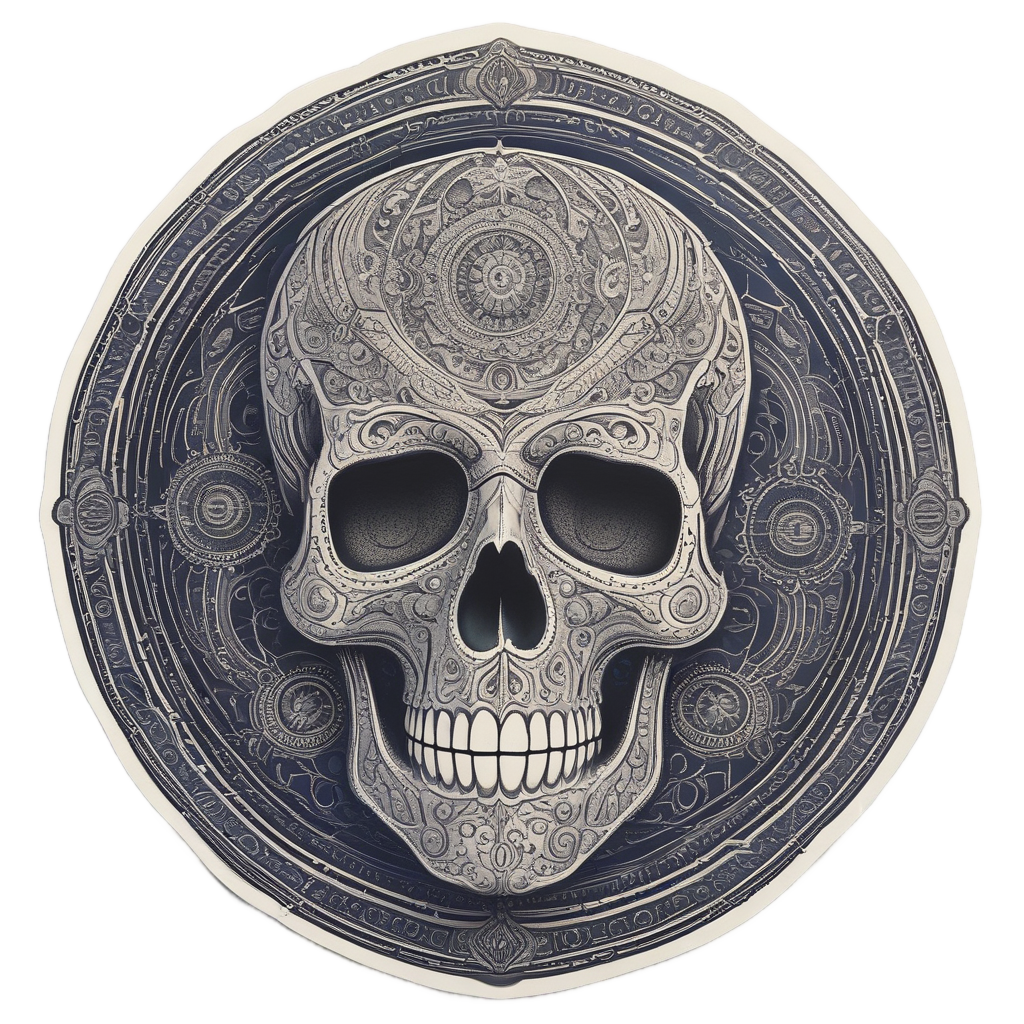 Intricate boho skull with mandala patterns and moon arch, indigo and gold, psychedelic retro