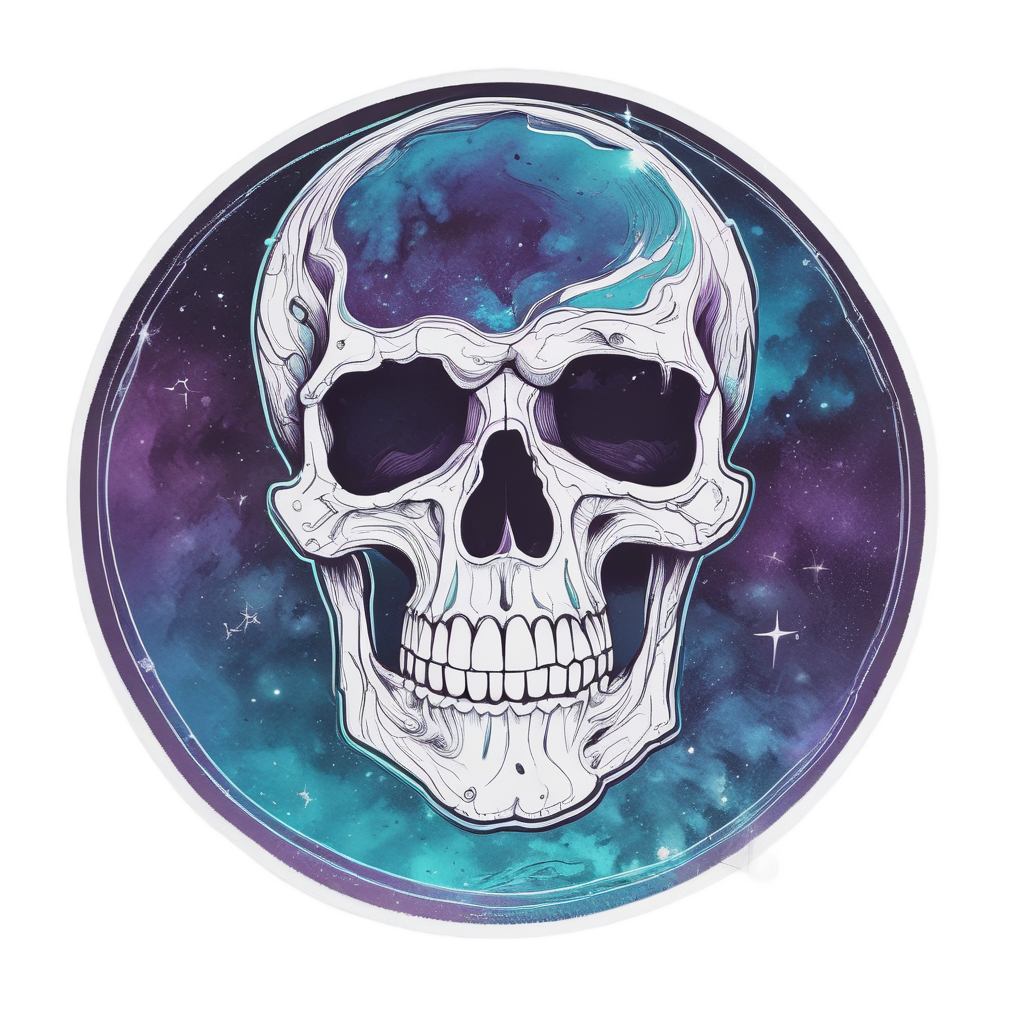 A line-drawn skull with galaxy eye and moon eye on white background