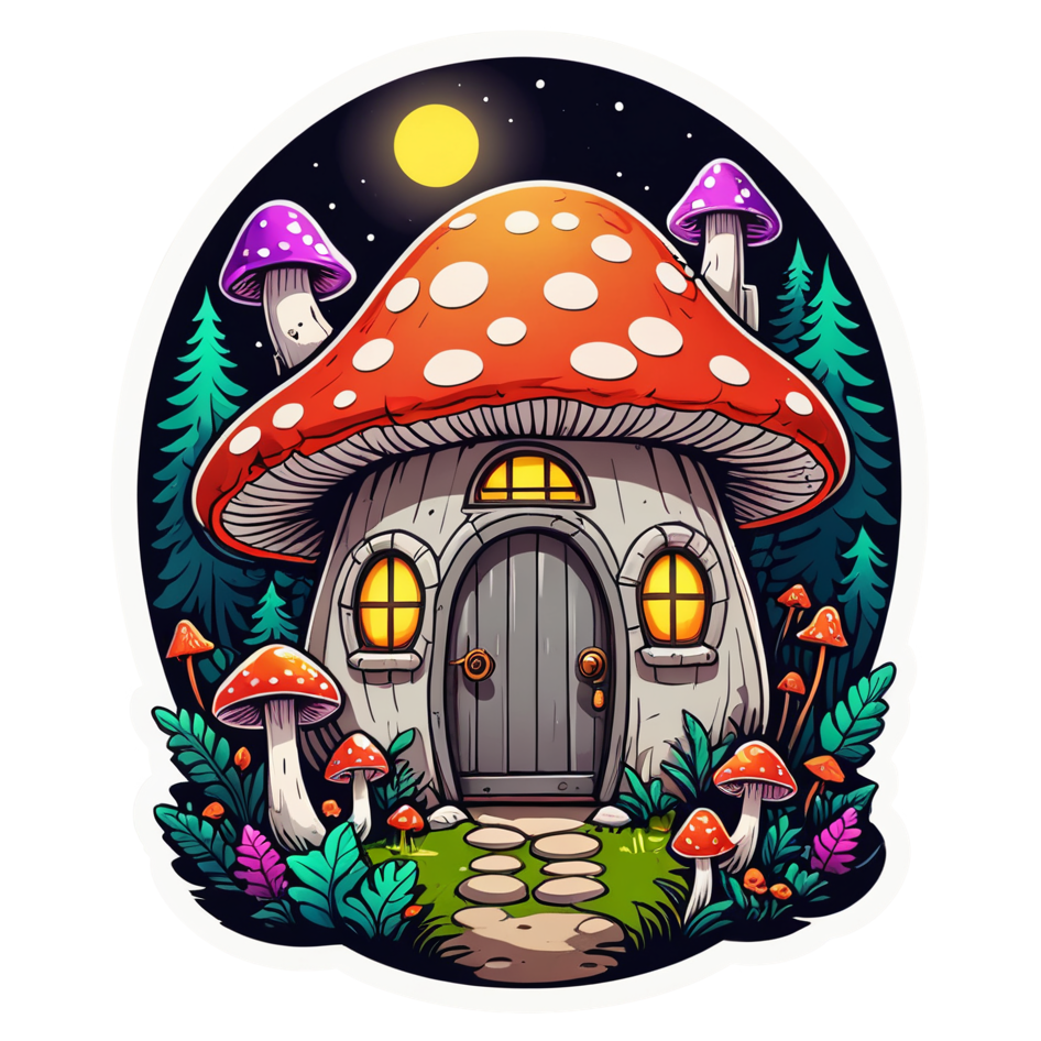 Mushroom House (neon) — cottagecore stickers