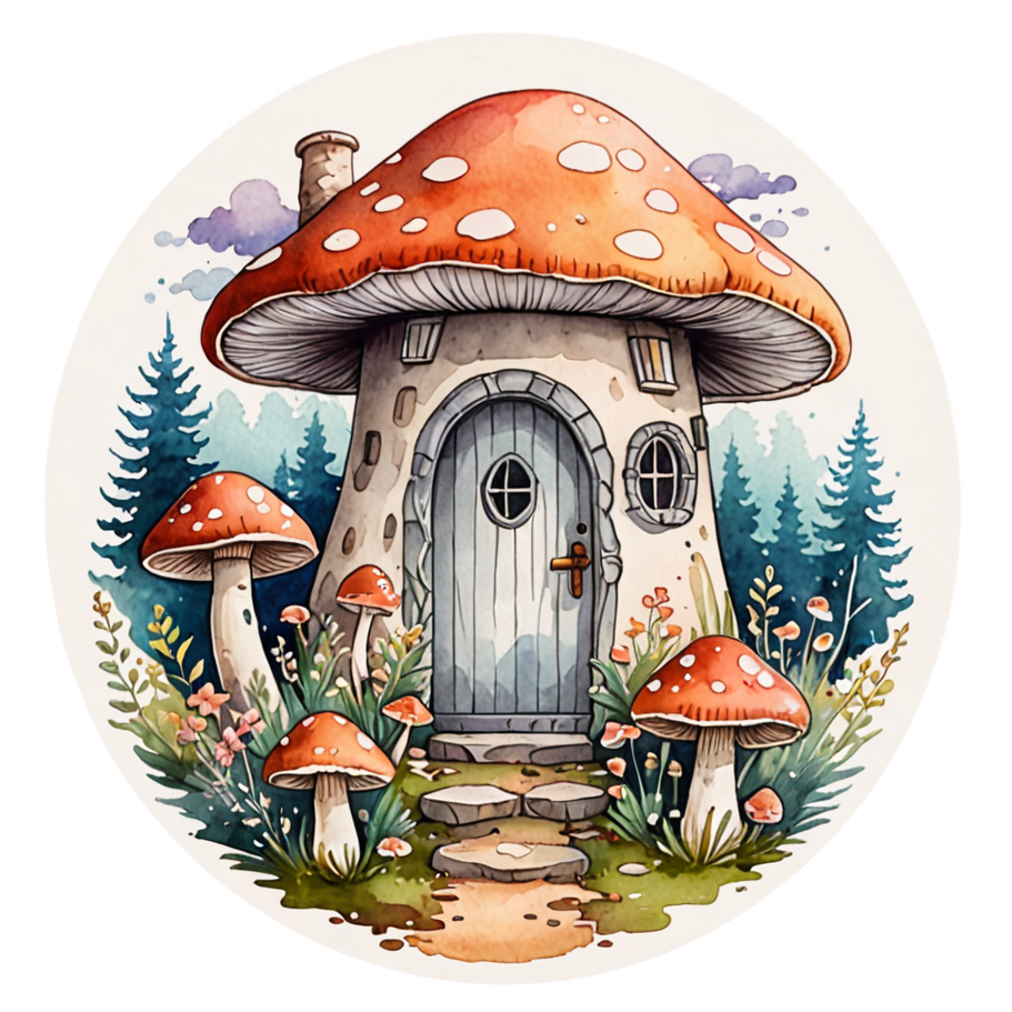 Mushroom House (watercolor) — cottagecore stickers
