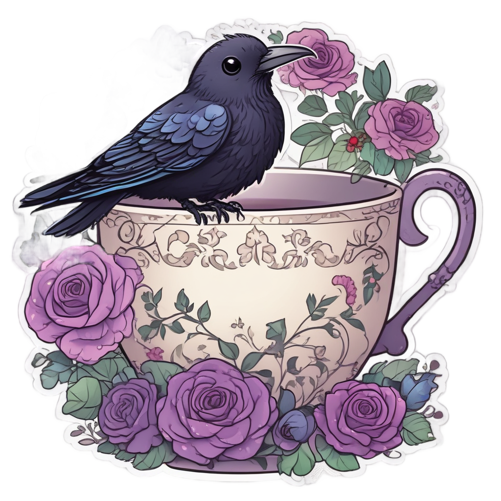 Cozy Raven in Teacup — gothic botanical stickers