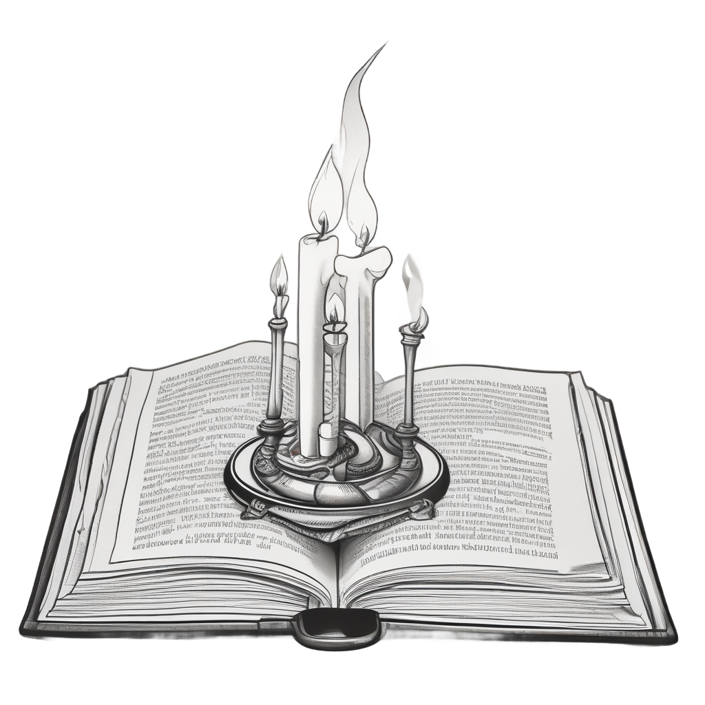 A candle and open book in lineart style, warm and focused