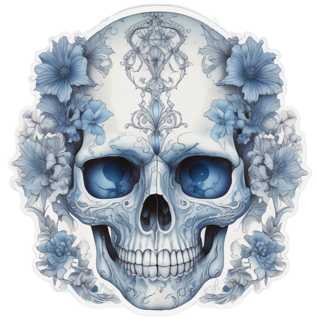 Cracked Skull with Porcelain Mask — blackwork skull stickers