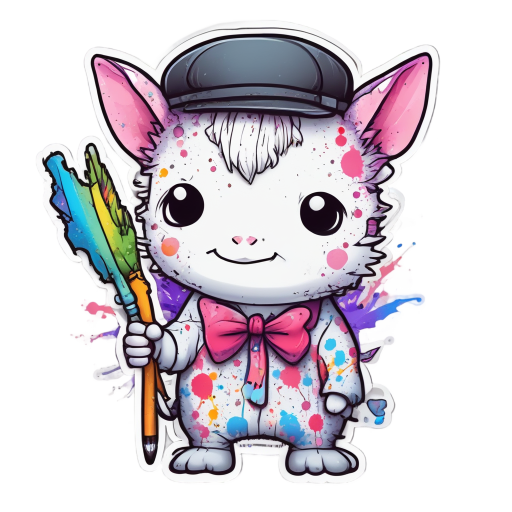 A chibi axolotl artist with paintbrush and colorful splatters