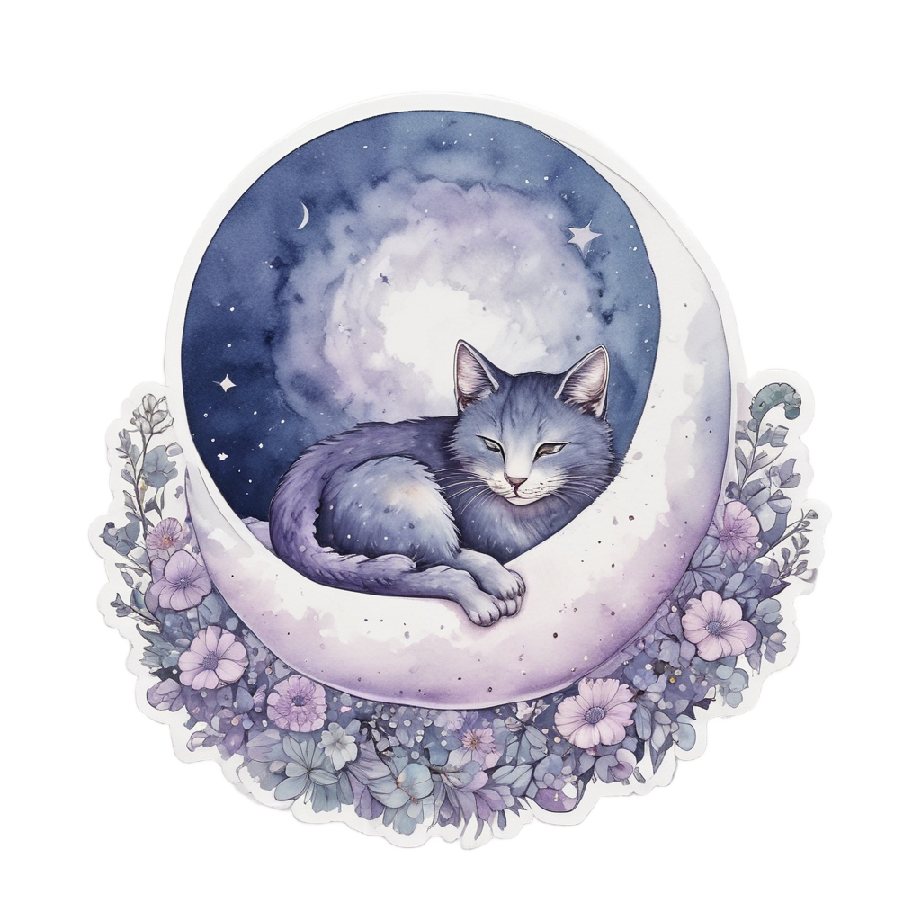Crescent Moon Cat Nap — fine-line flash stickers
