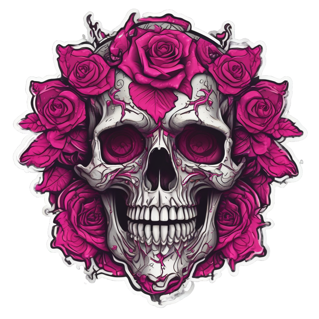 Skull with neon crimson roses and thorns