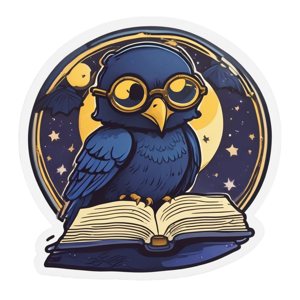 A kawaii crow with glasses reading a book under a crescent moon