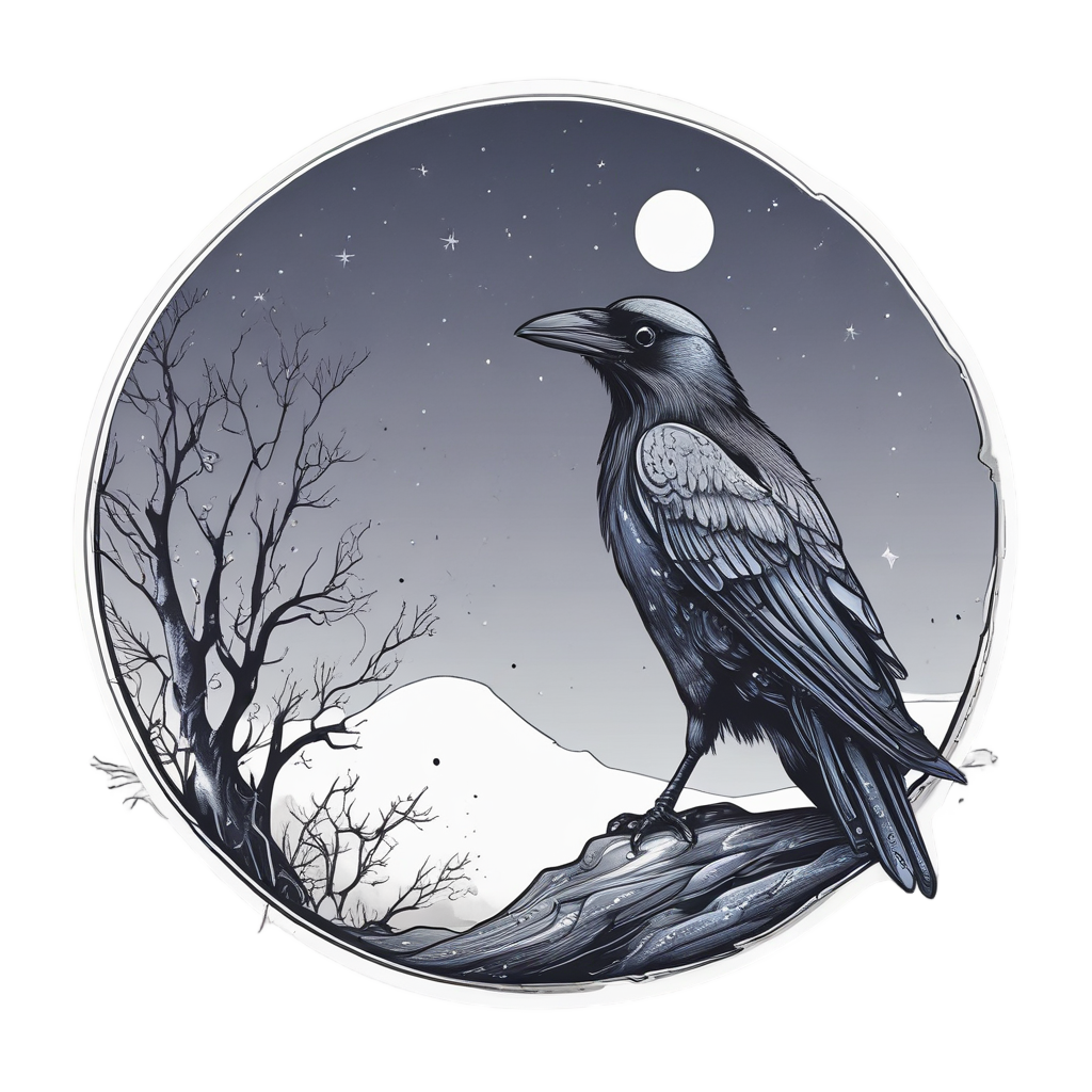 Lineart sticker of a crow on a rock staring at a half moon with stars