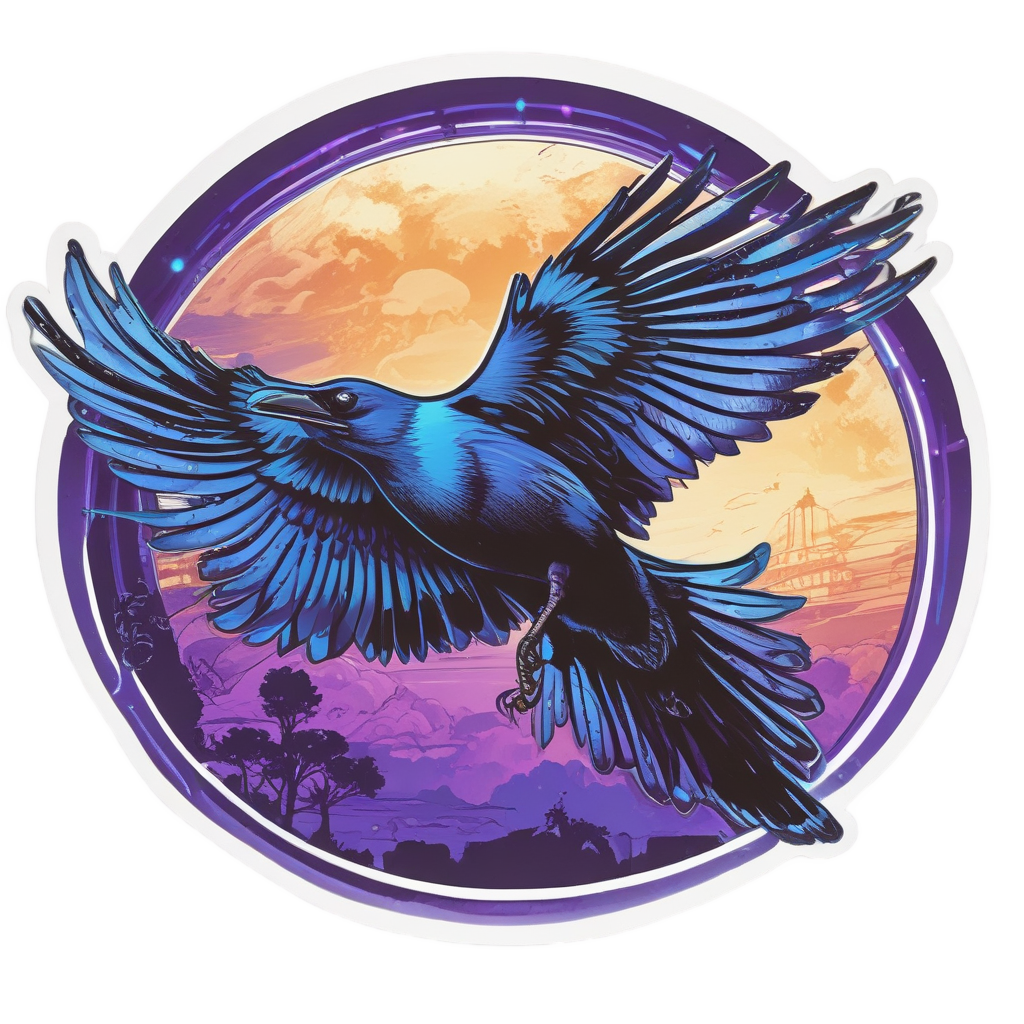 A flying crow with neon wings and moon