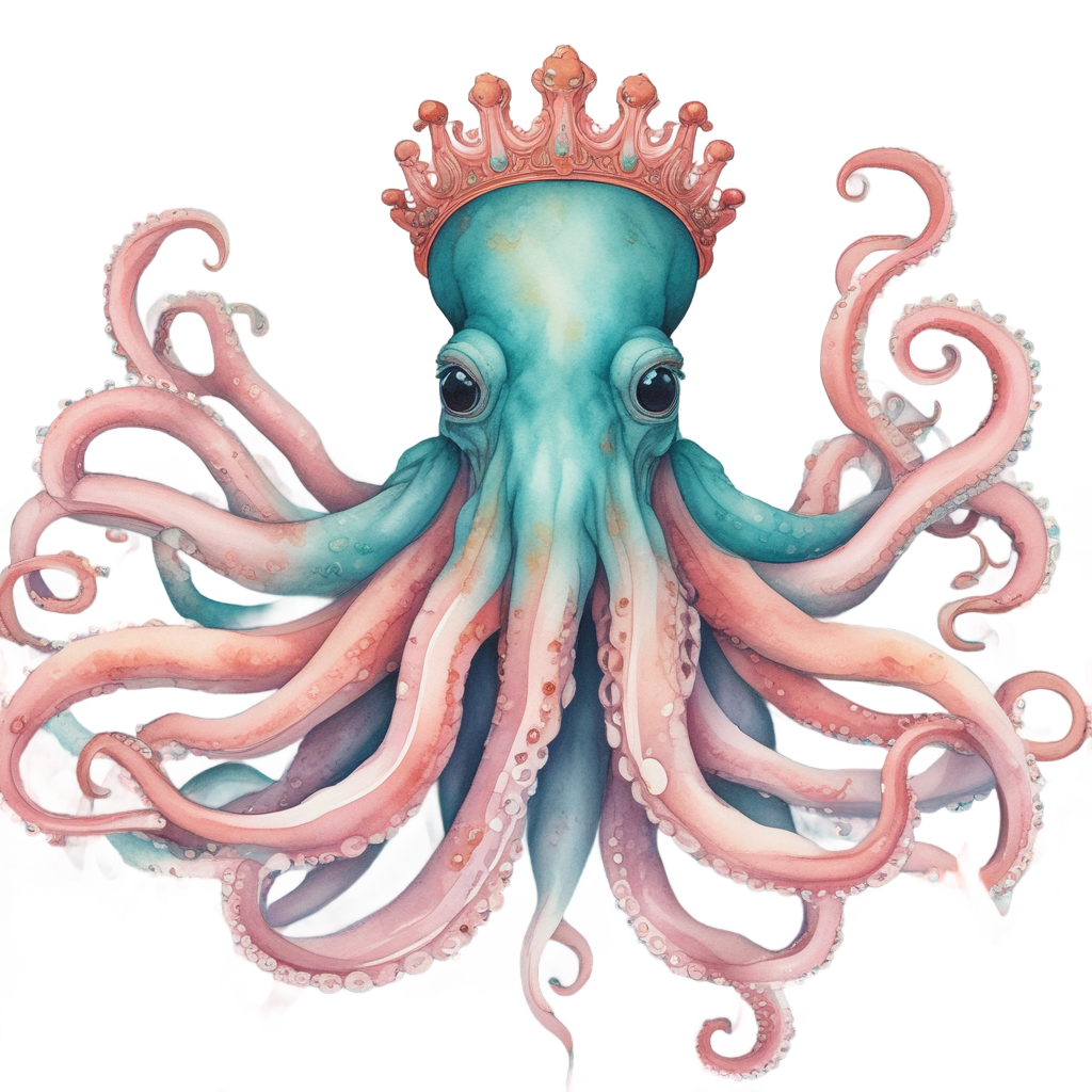 A serene octopus wearing a coral crown in watercolor turquoise and pink.