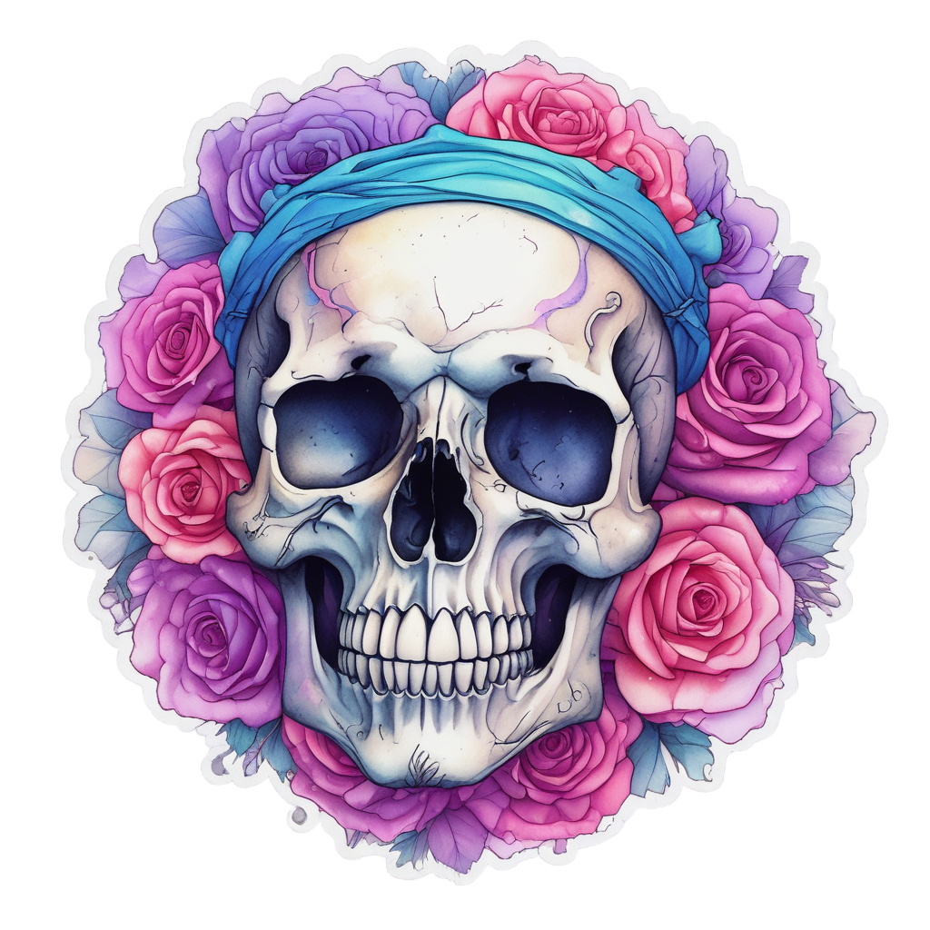 A skull with closed eyes wearing a watercolor crown of neon purple, pink, and blue roses