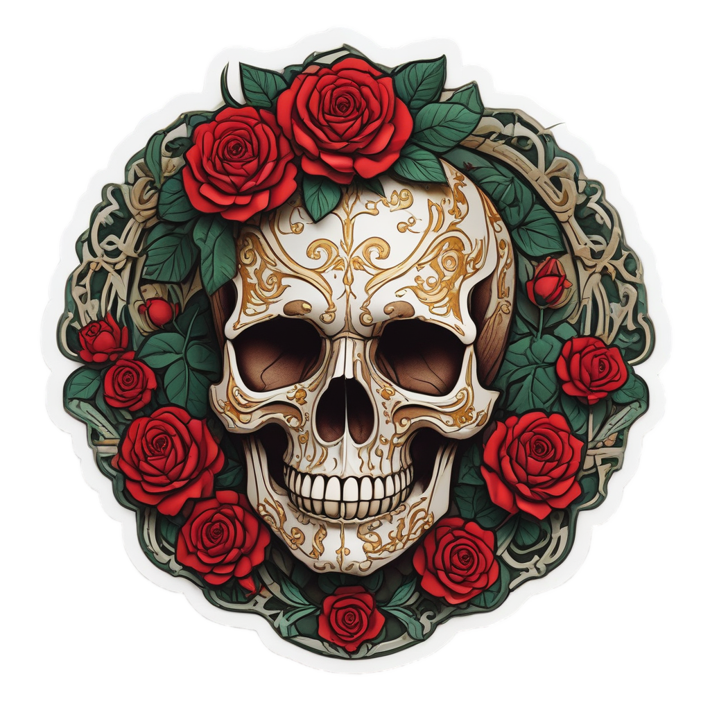 A papercut skull bow with red roses and gold accents, looking sadly majestic.