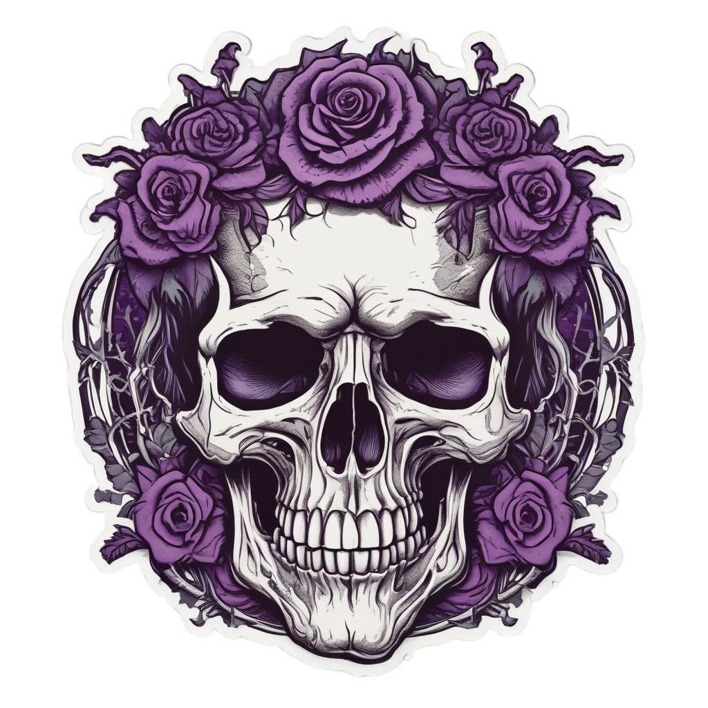 A skull with a rose crown wrapped in thorns in purple and black