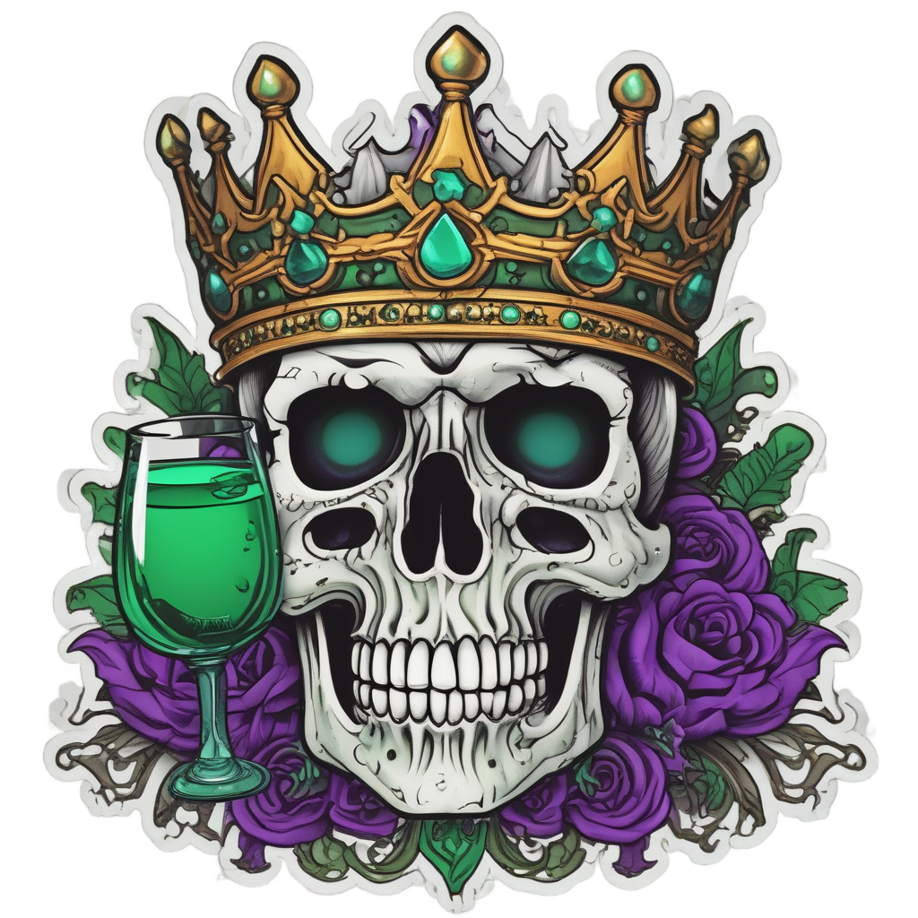 Crowned skull holding a green poison goblet in tattoo style