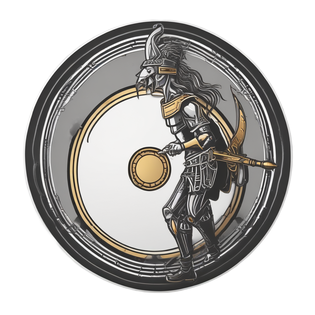 Gray lineart silhouette of a cruiser warrior holding a shield with a gold rim.