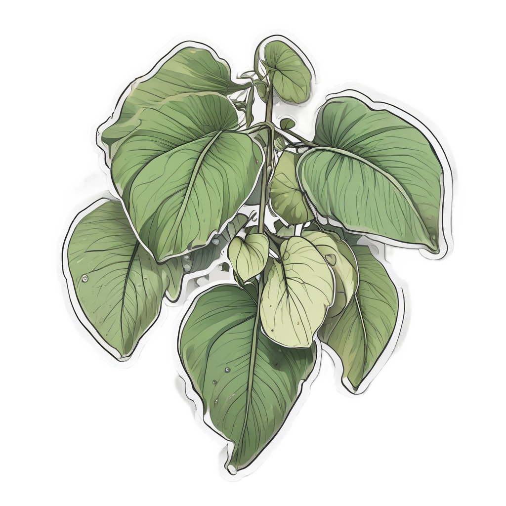 A hanging pothos vine with a tear in yellow-green lineart