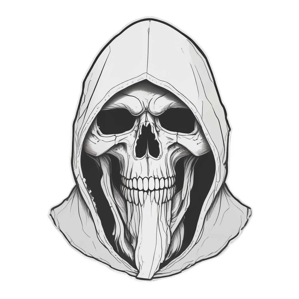 Hooded reaper skull crying a single tear in lineart
