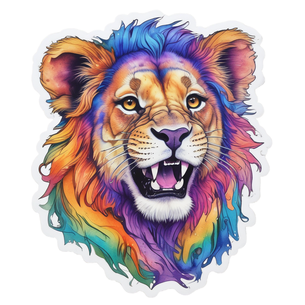 Lion cub with rainbow watercolor mane in tattoo style