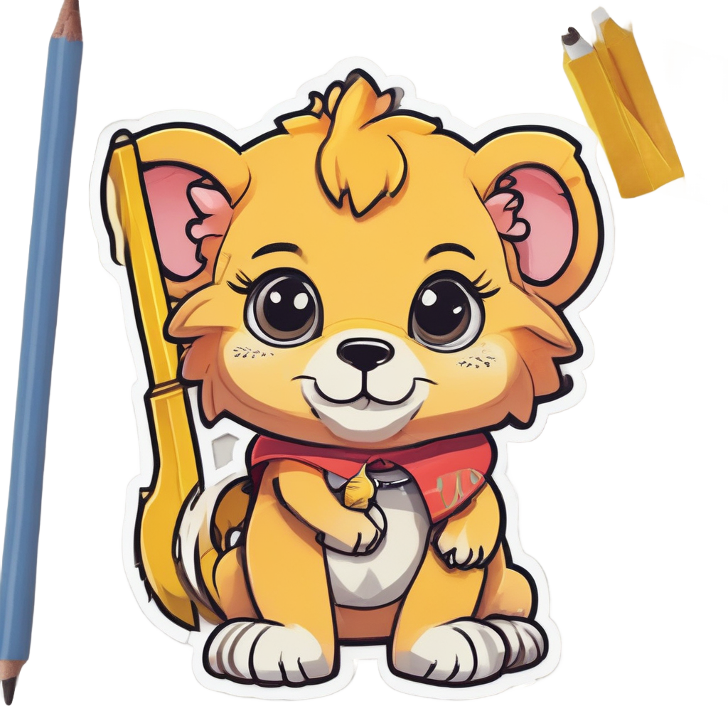 Kawaii lion cub holding a giant pencil