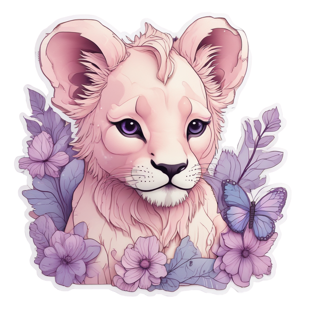 Lion cub with a butterfly on its nose