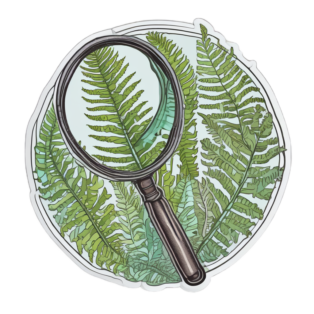 Line-art fern holding a magnifying glass with curious expression