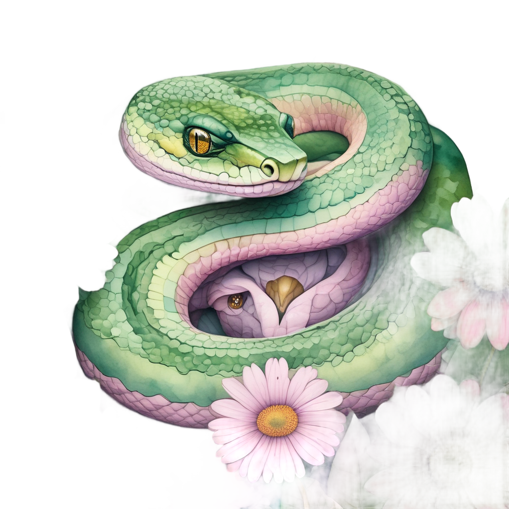 A fine-line snake with curious eyes surrounded by watercolor daisies on white background