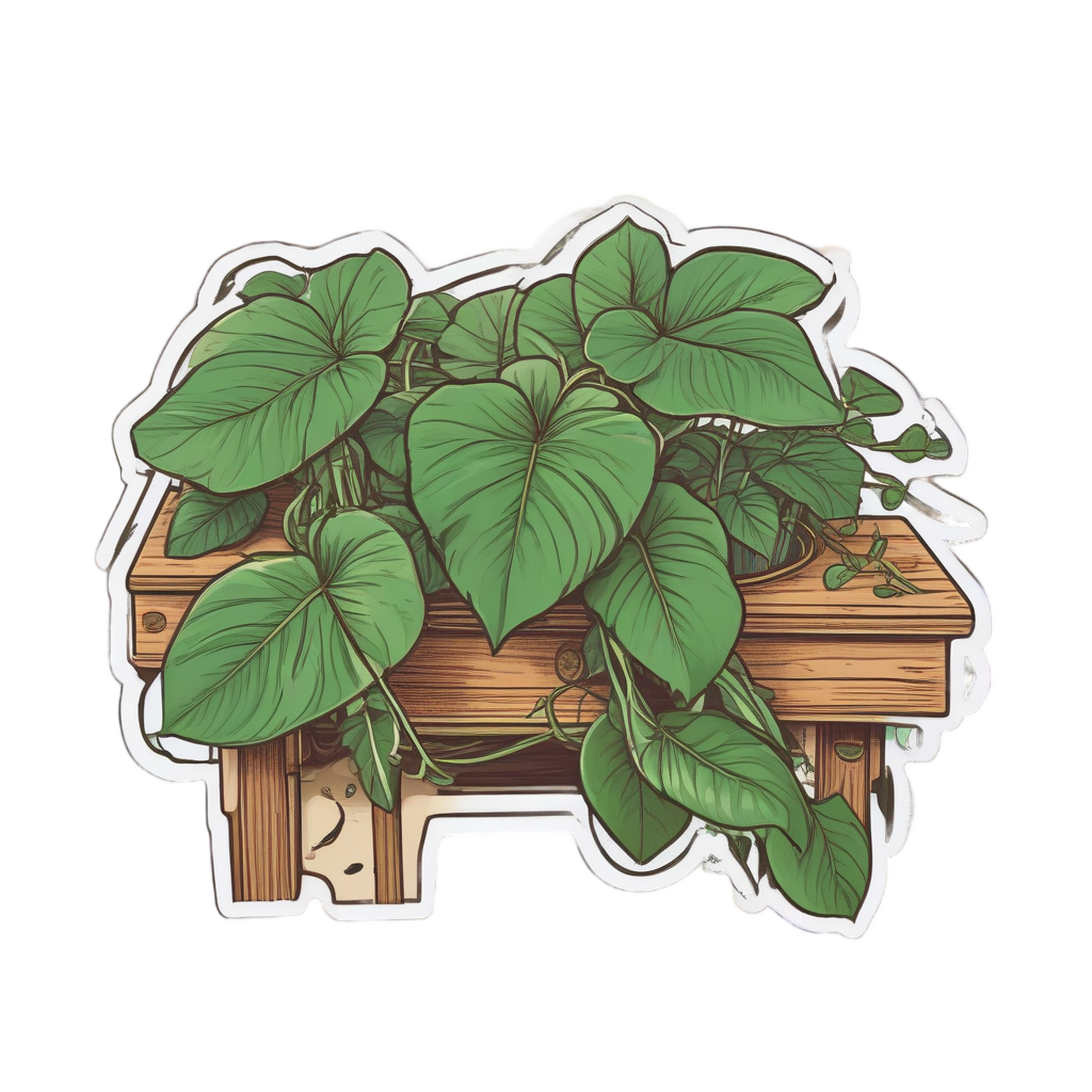 A pothos plant in lineart style with a tiny explorer hat peering over a desk edge
