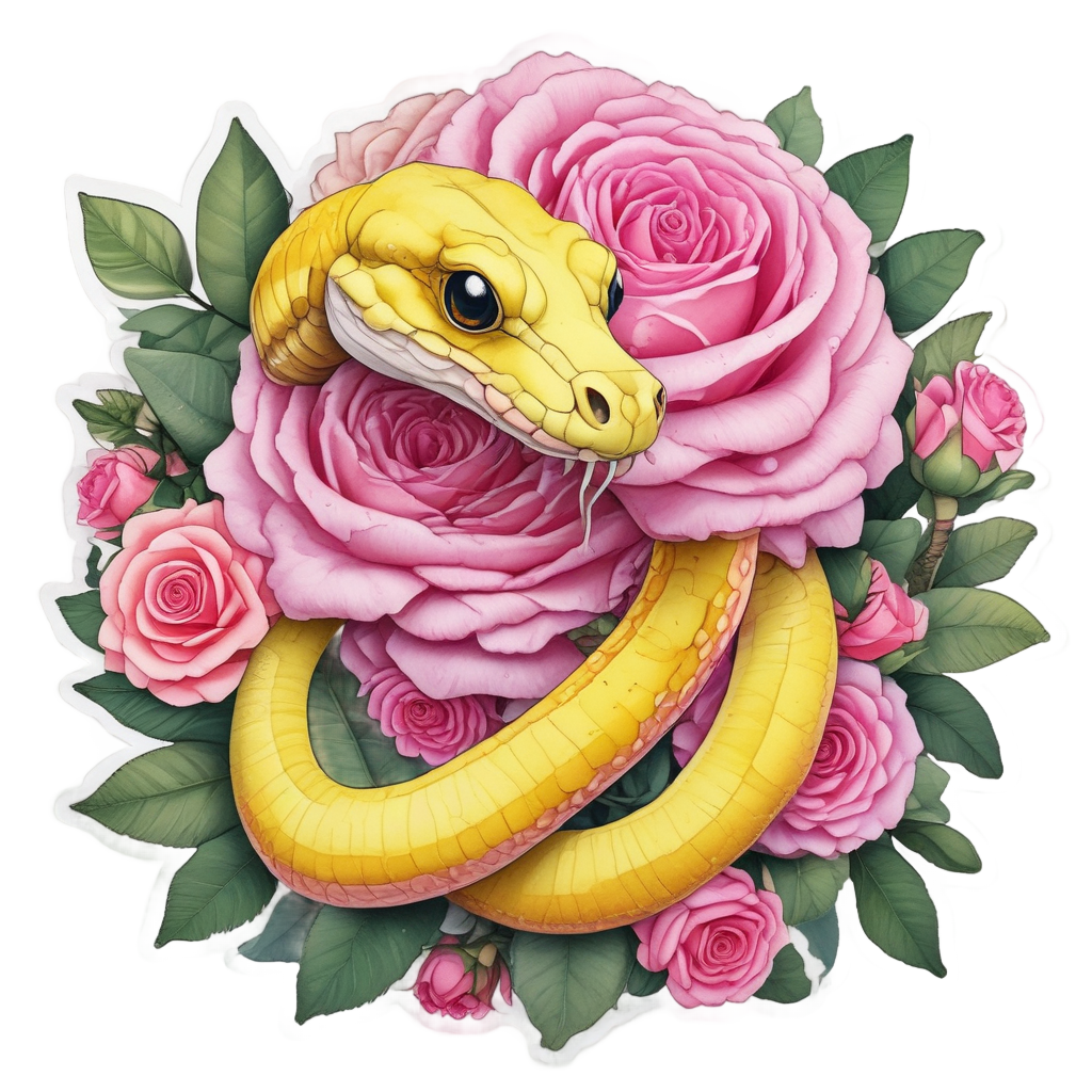 Curious Snake Among Roses — snake, dagger & rose stickers