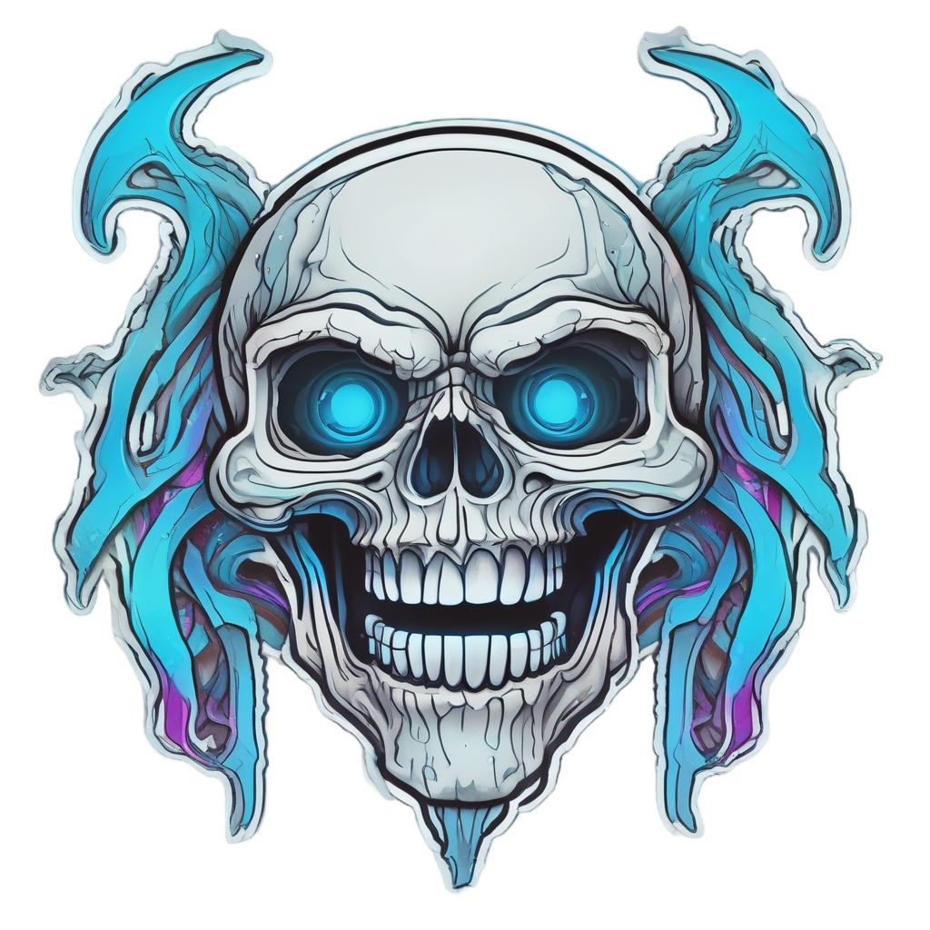 Cyan Inferno Grin — flaming skull stickers