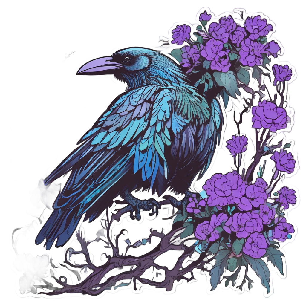 Cyan Raven Among Thorns — gothic botanical stickers