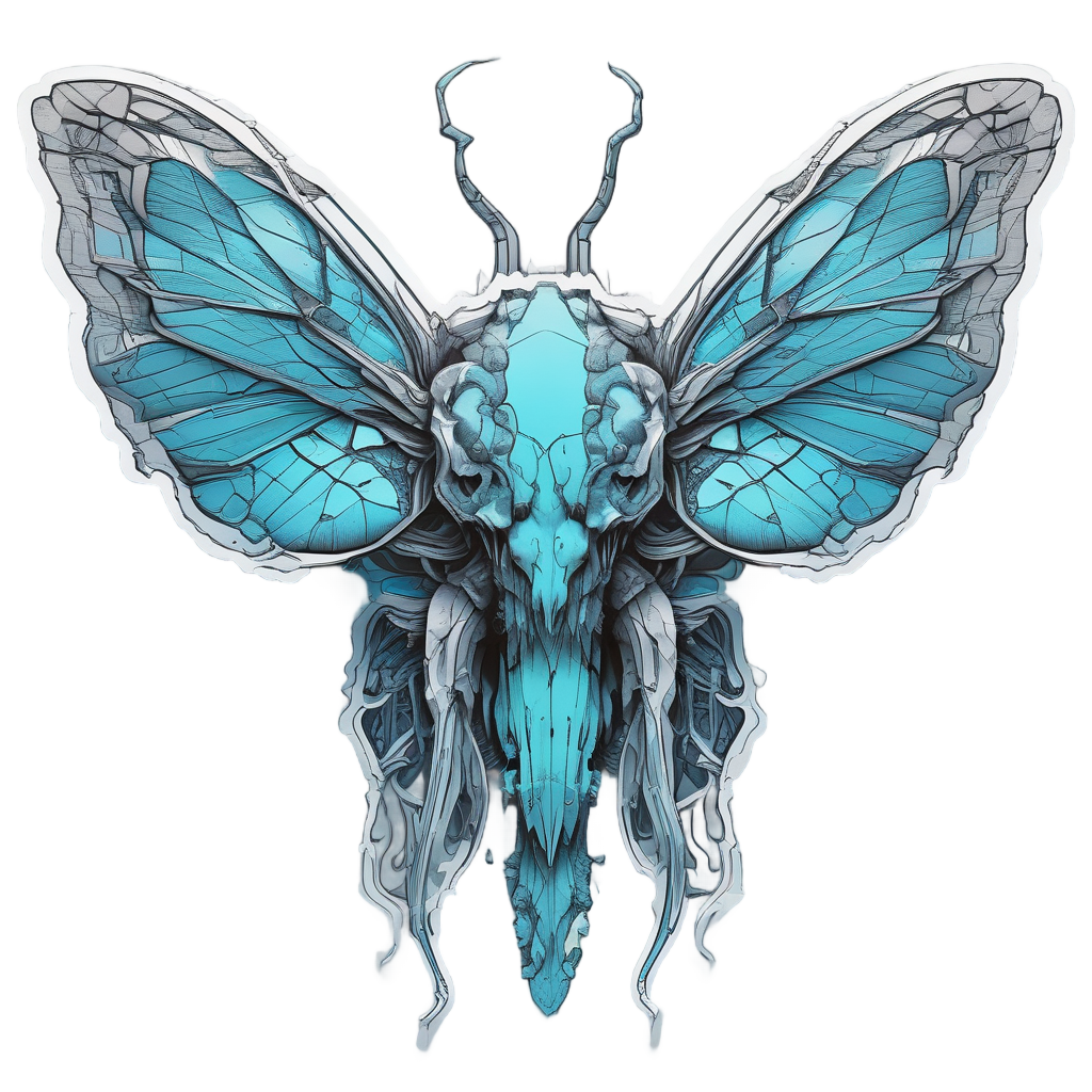 Cyan Skull Moth Sentinel — line-art skull stickers