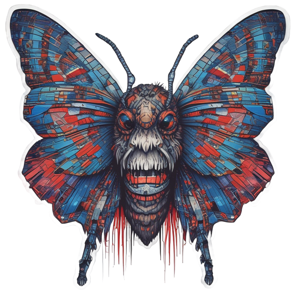 Glitchy death's-head moth with neon red and blue pixel wings