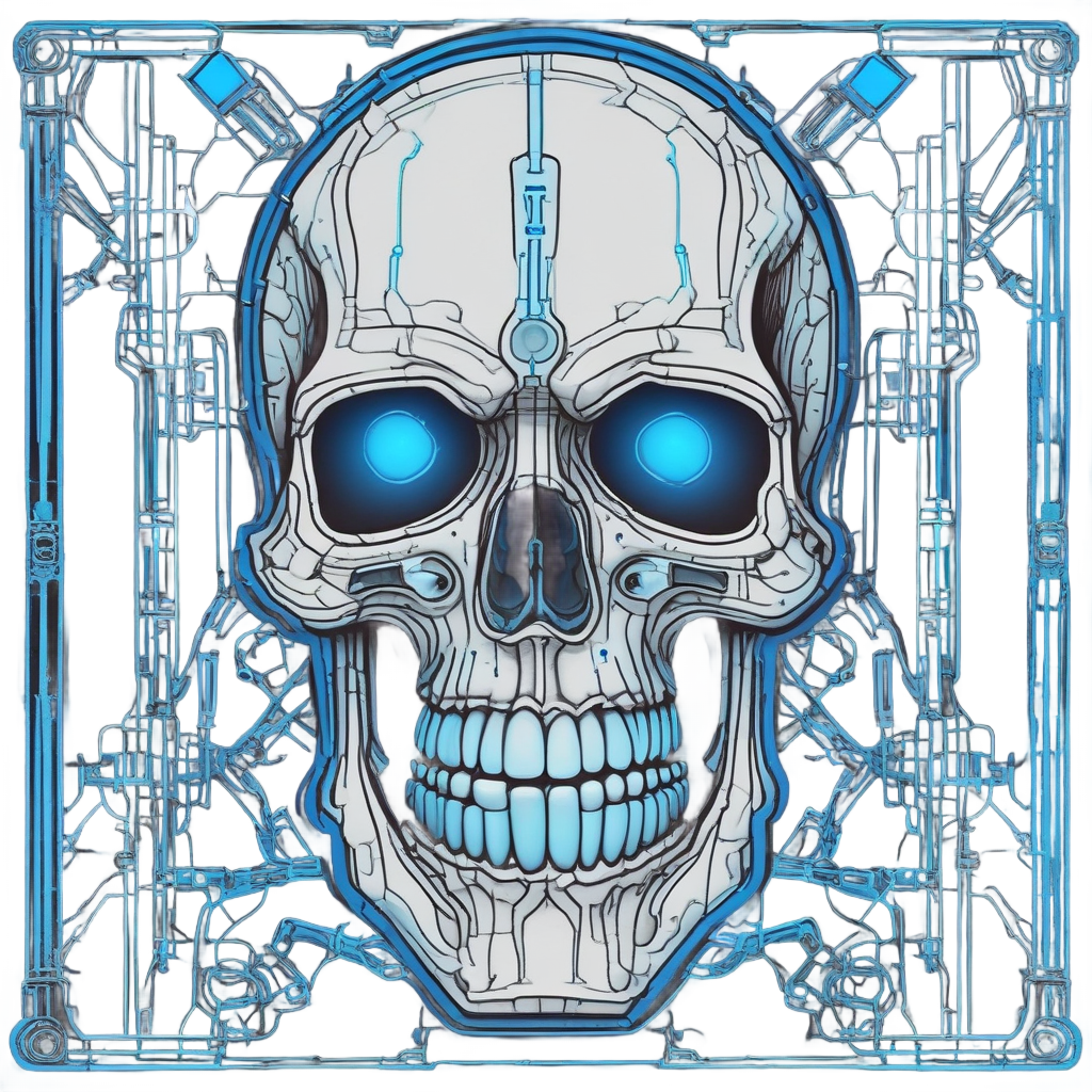 A skull with cybernetic implants and neon blue circuits