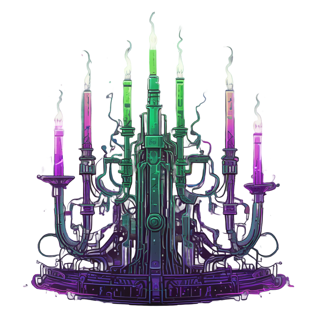 Cyberpunk candelabra with neon green and purple glow sticker