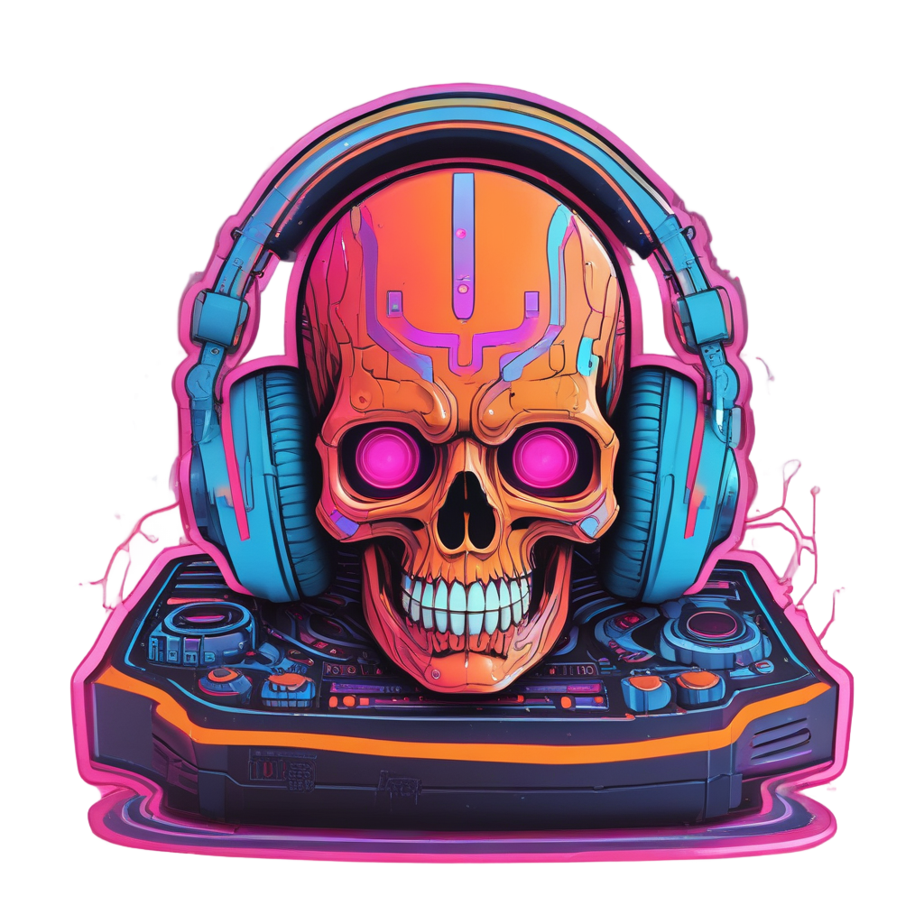Cyborg Skull DJ — neon cyber skull stickers