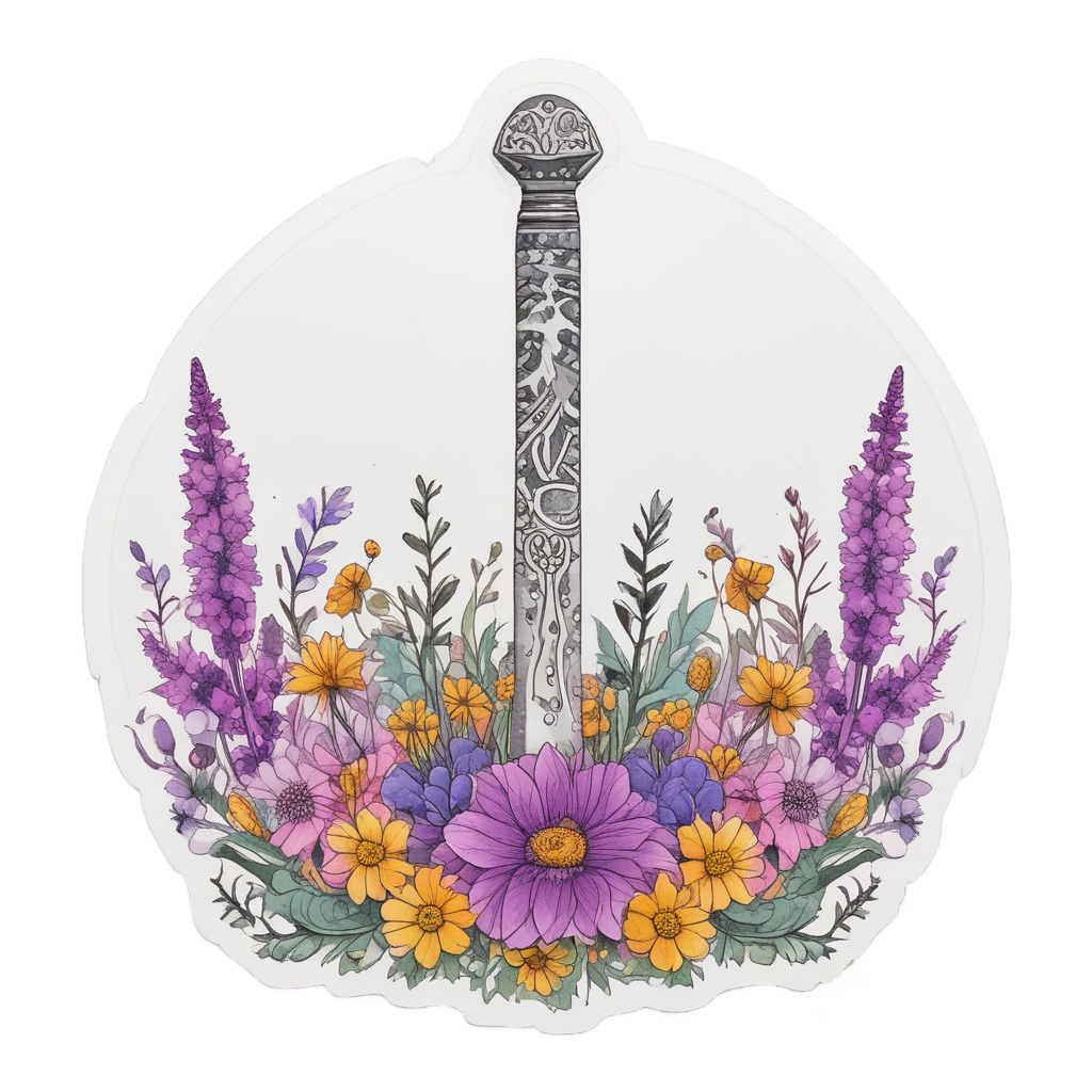 Black dagger lying among colorful wildflowers on white