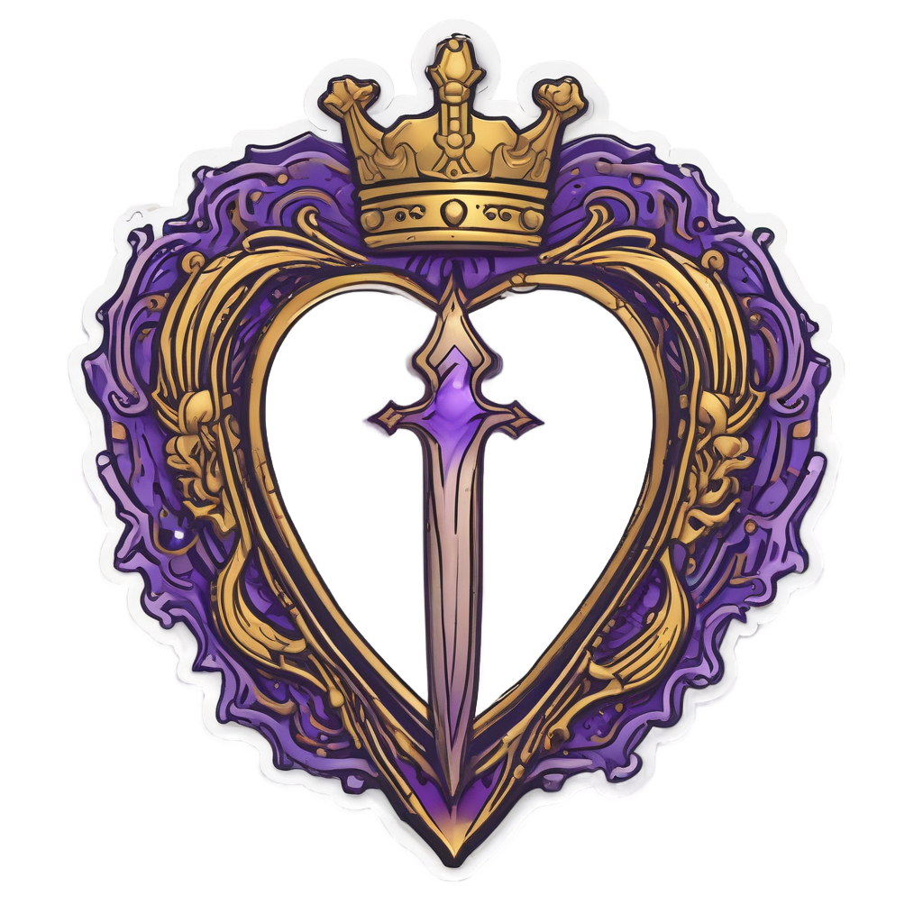 A neon gold dagger stabs a purple crowned heart.