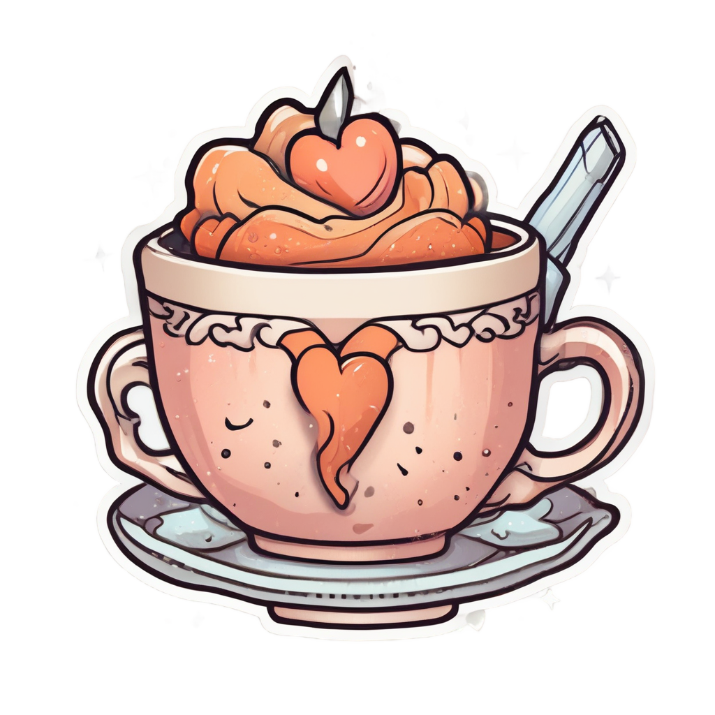 A kawaii die-cut sticker of a teacup shaped from a heart with a dagger handle on a white background.