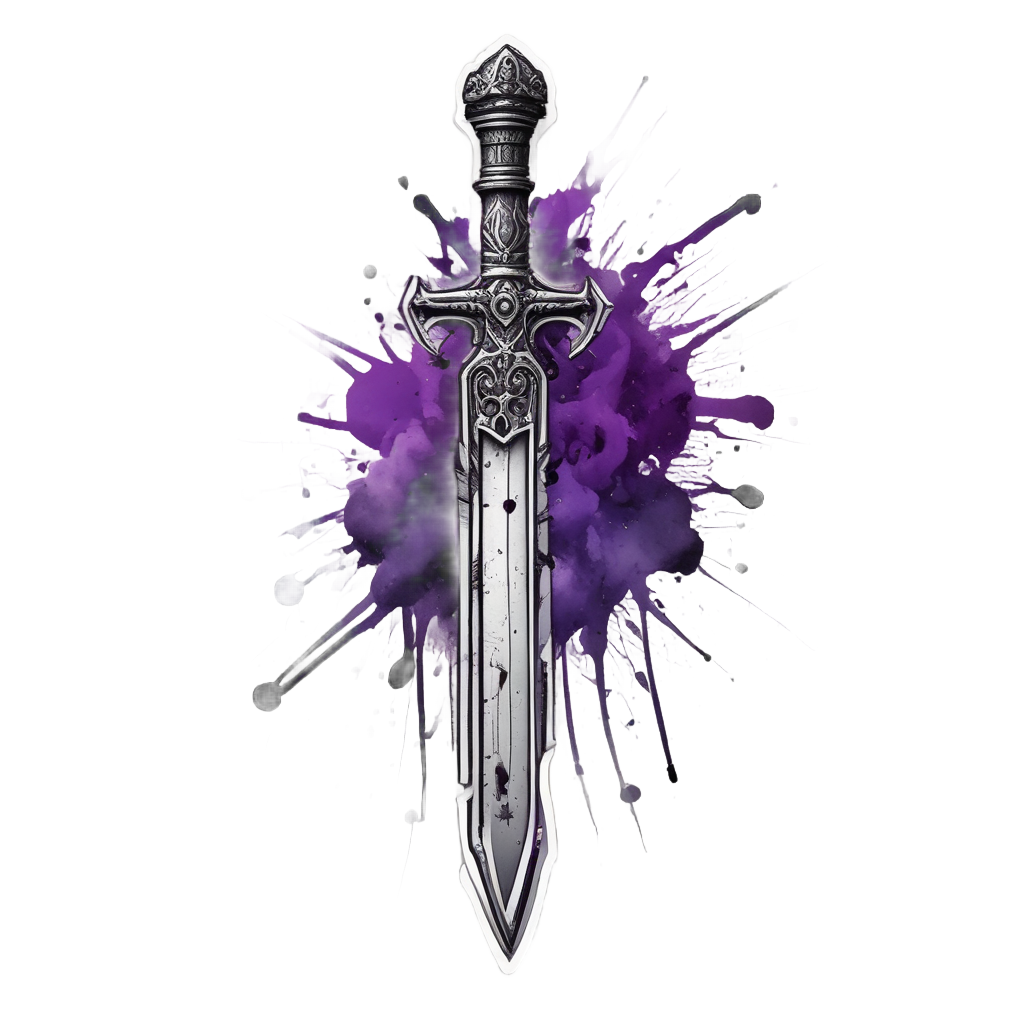Black dagger emerging from ink splatters on white